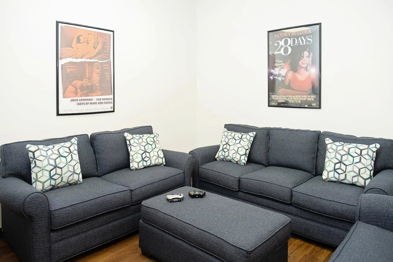 Cozy sofas with pillows and framed movie posters