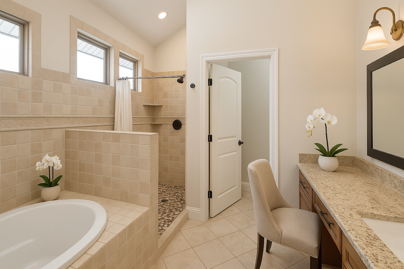 Clean bathroom with tiled shower and soaking tub