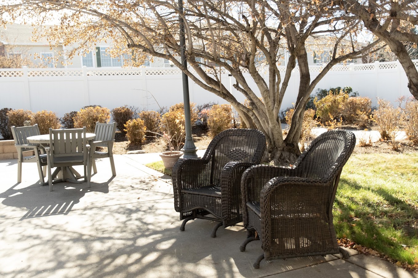 Patio with chairs and table under tree shade