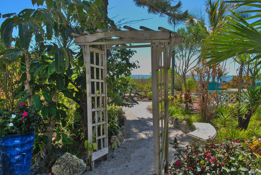 Sandy path through garden leading to the beach