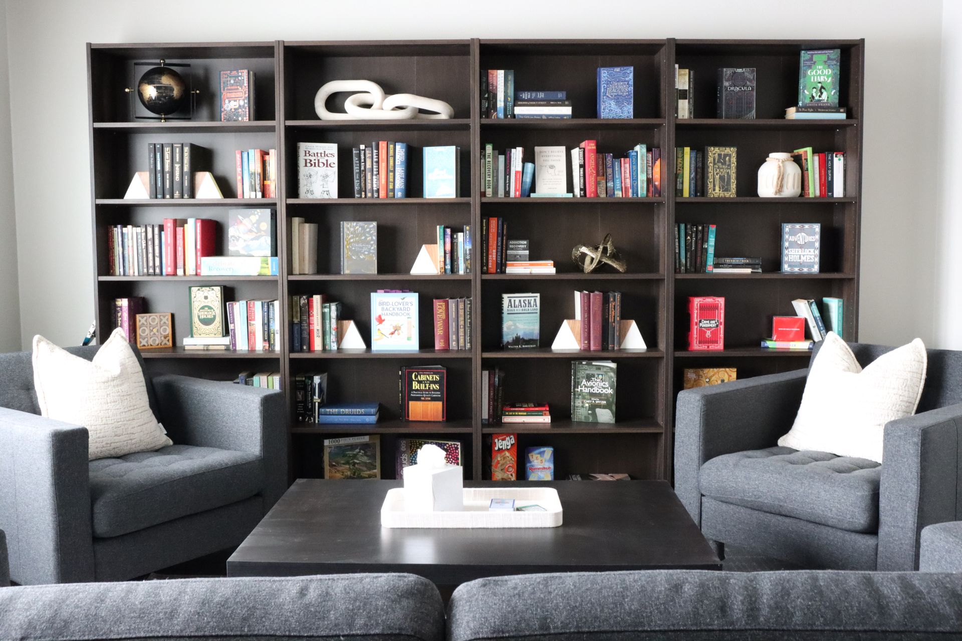 Library room with bookshelves and grey couches