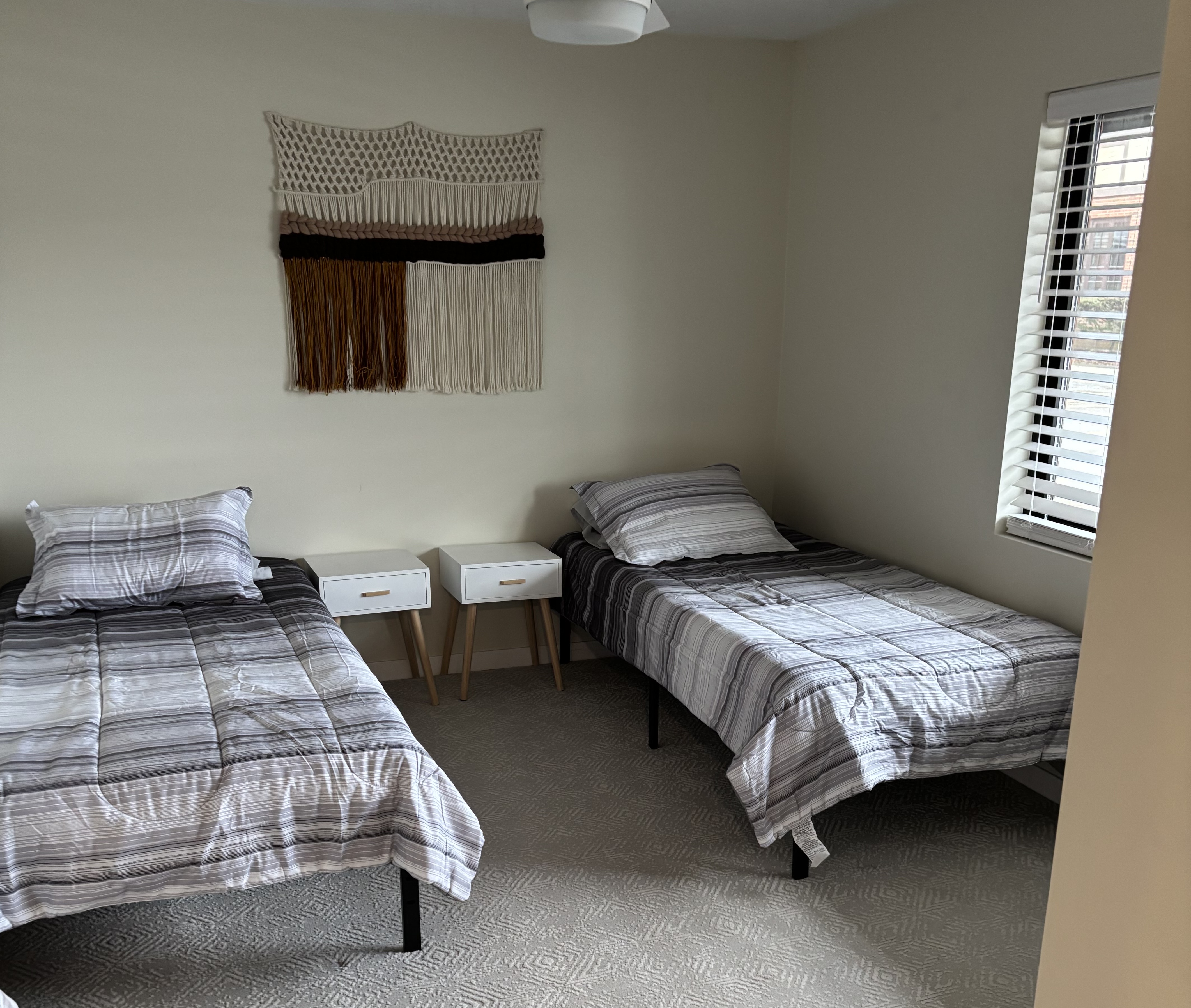 Bedroom with two twin beds, dresser, pillows, and gray bedding.