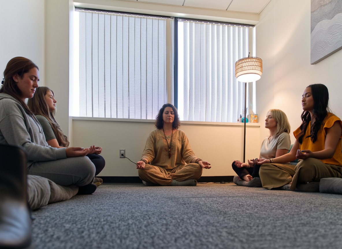 Group seated on cushions during a guided meditation.