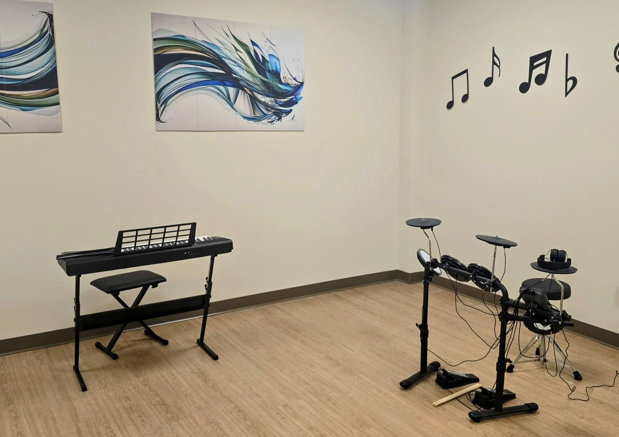 Music therapy room with keyboard and electronic drum kit