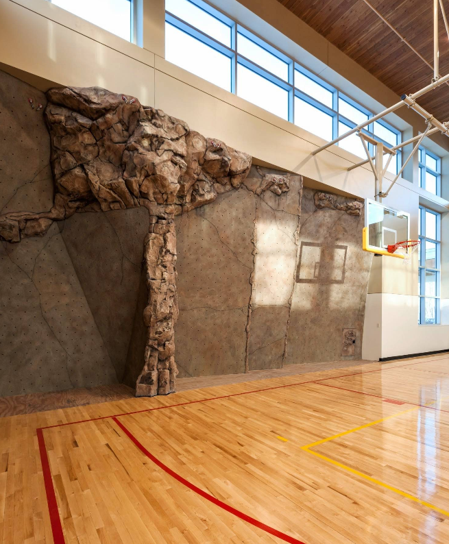 Indoor basketball court with rock climbing wall and hardwood floor