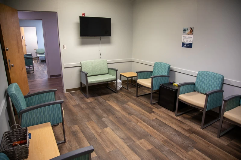 Seating area with wall-mounted TV and armchairs