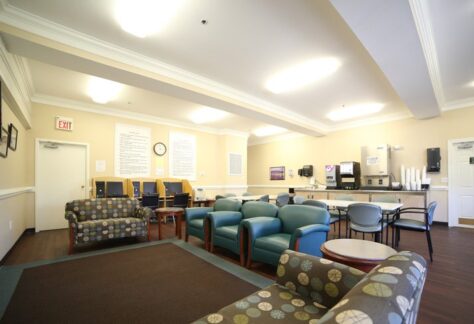 Lounge with mixed seating and coffee station