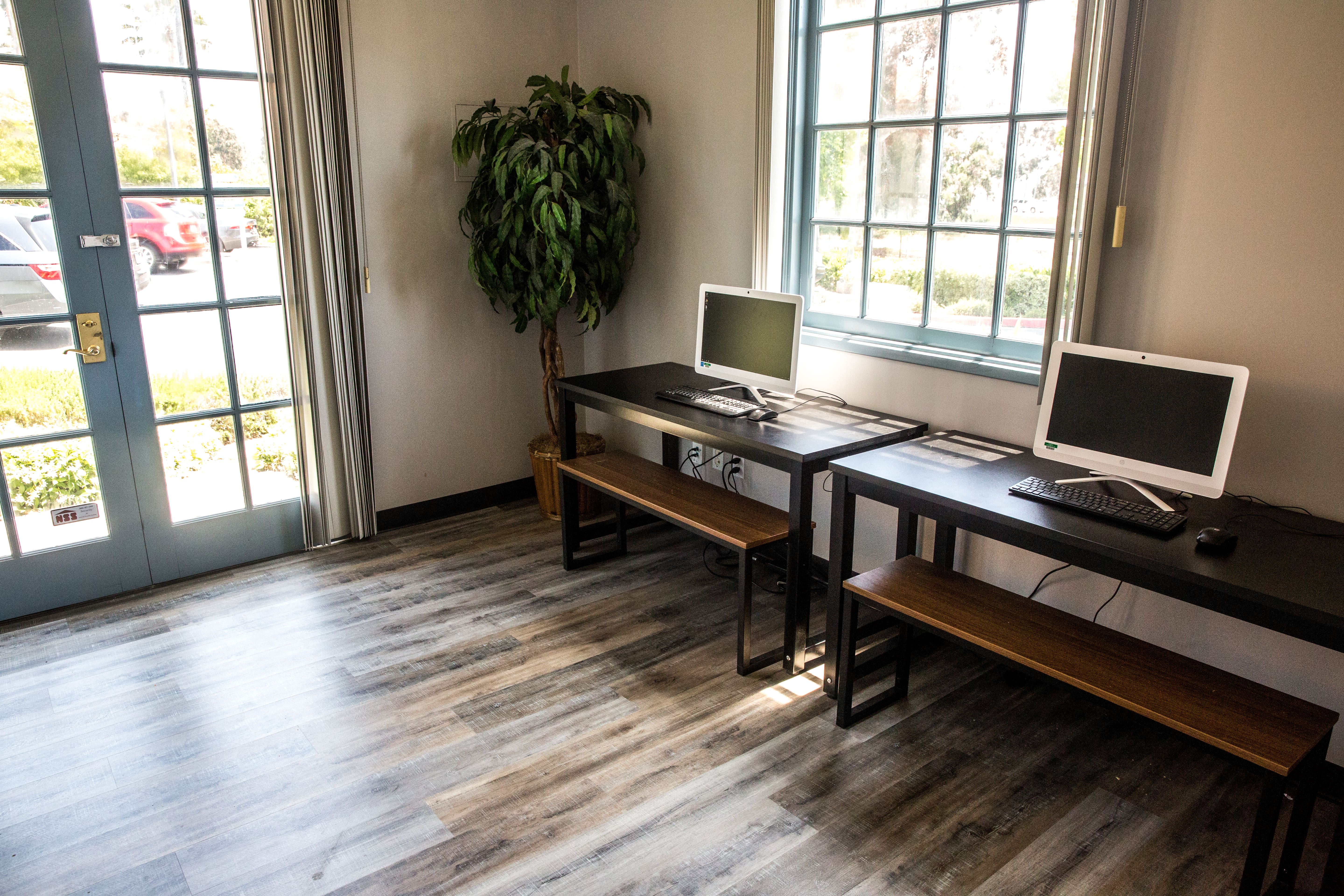 Two desktop computers on tables by sunlit windows