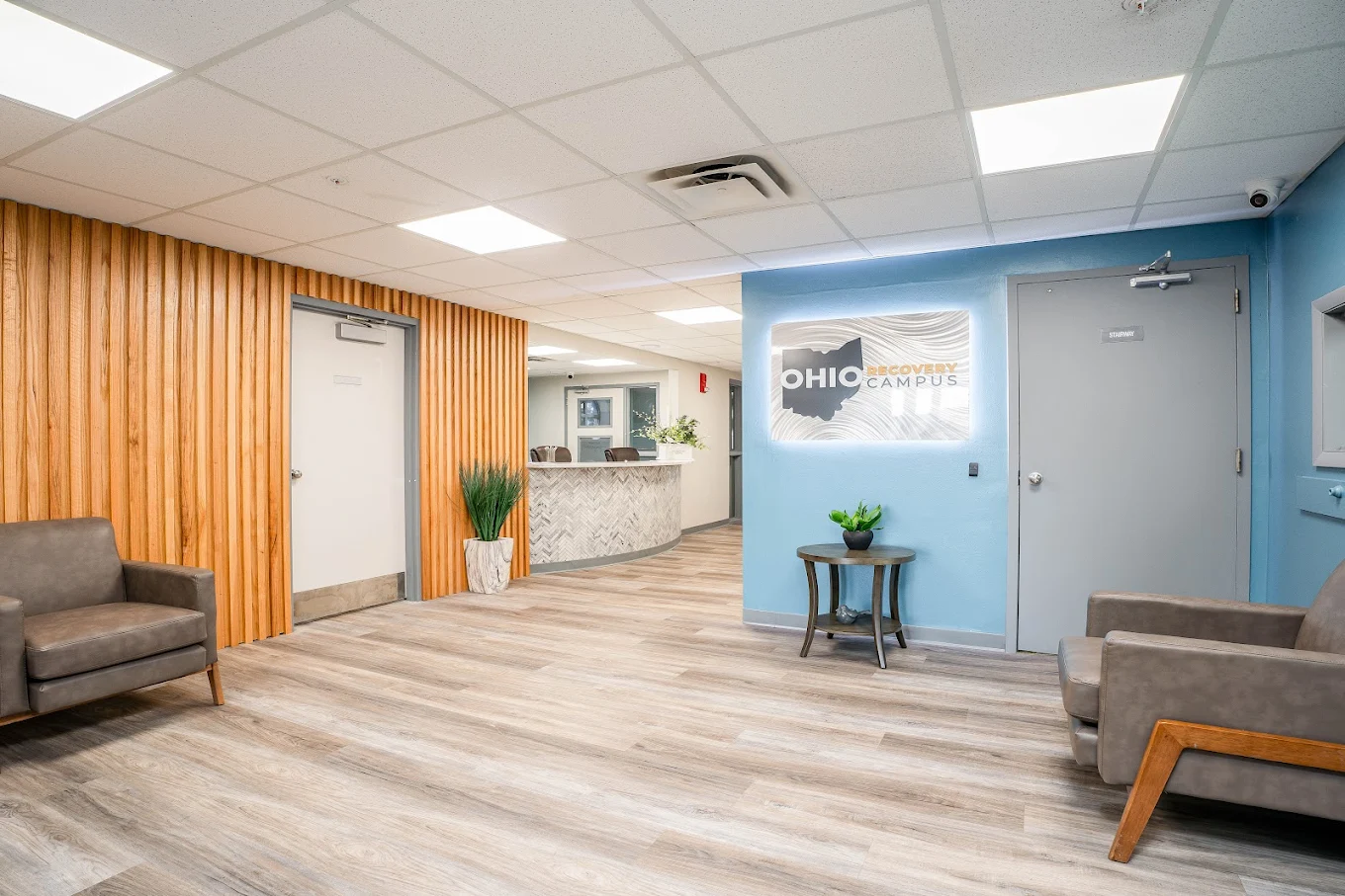 Reception area with seating and Ohio Recovery Campus sign