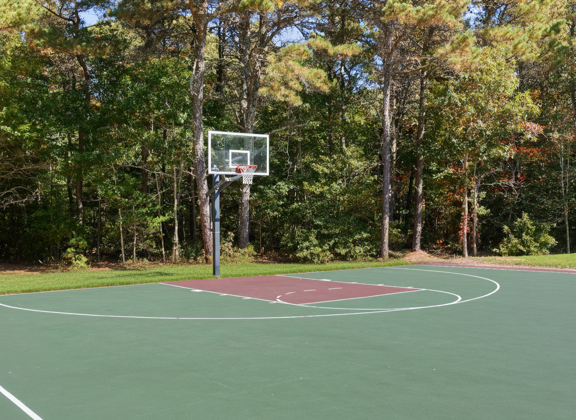 Outdoor basketball court beside wooded area.