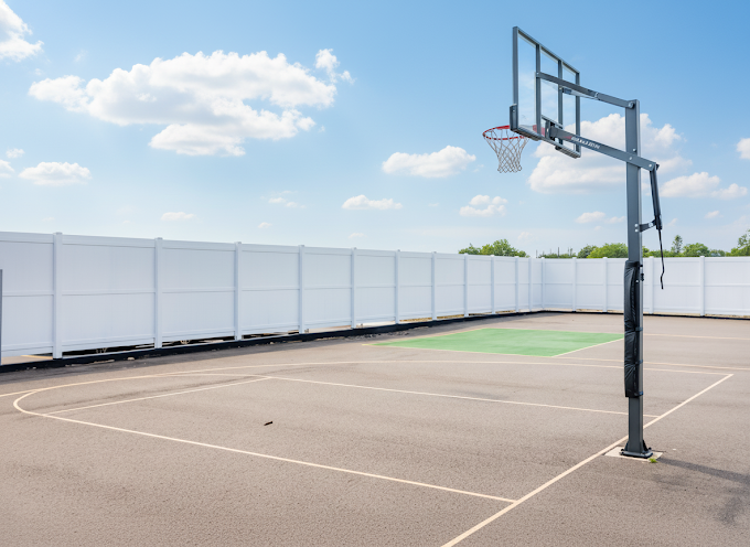 Outdoor basketball court enclosed by white fence