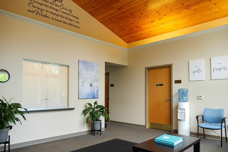 Reception area with wood ceiling and seating