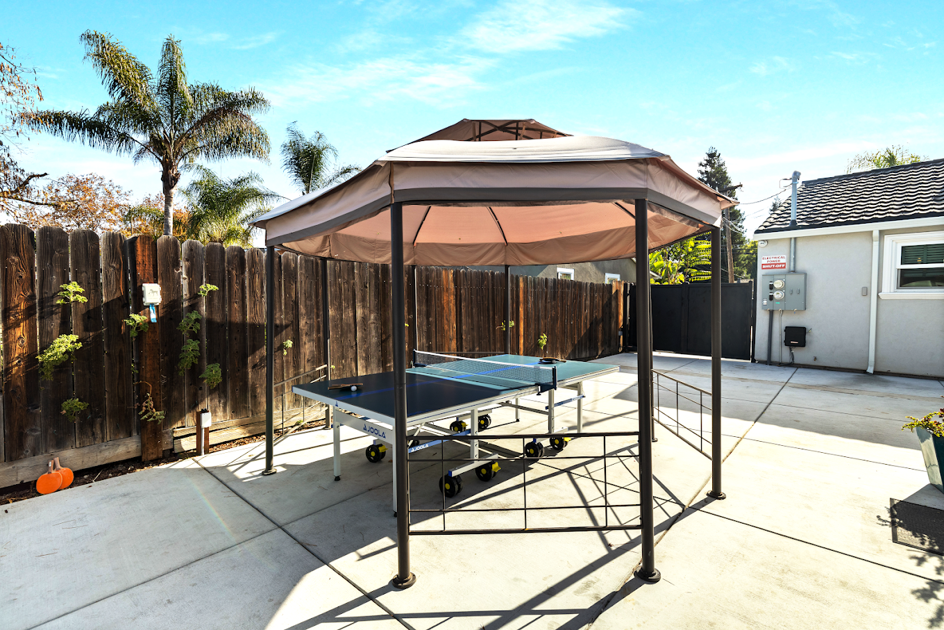 Ping pong table under canopy on concrete patio