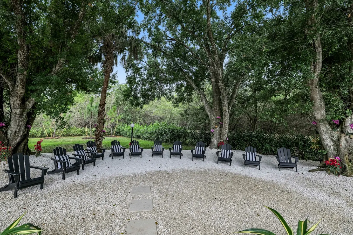 Outdoor seating area beneath mature shade trees