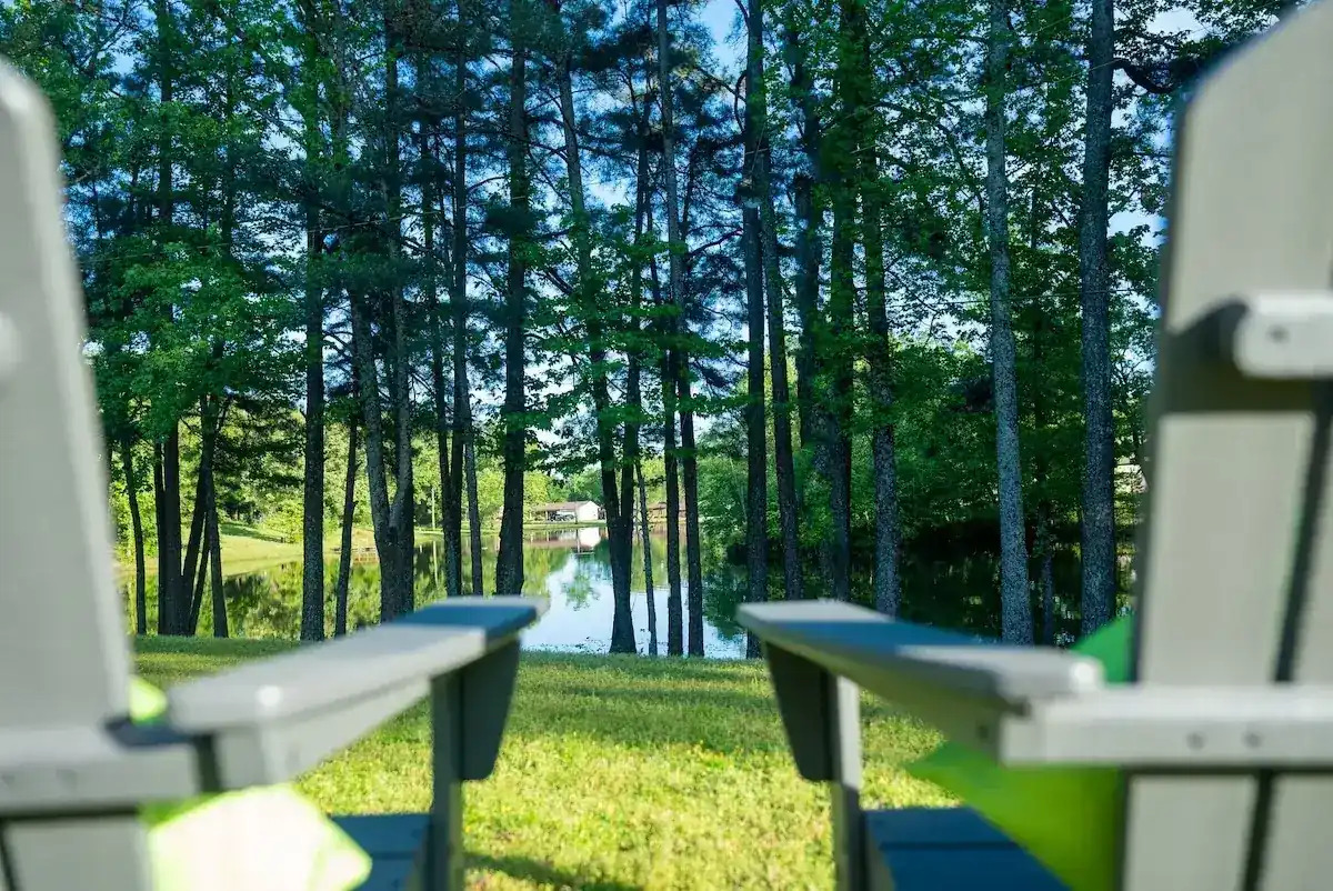 Adirondack chairs facing a wooded lakeside view.