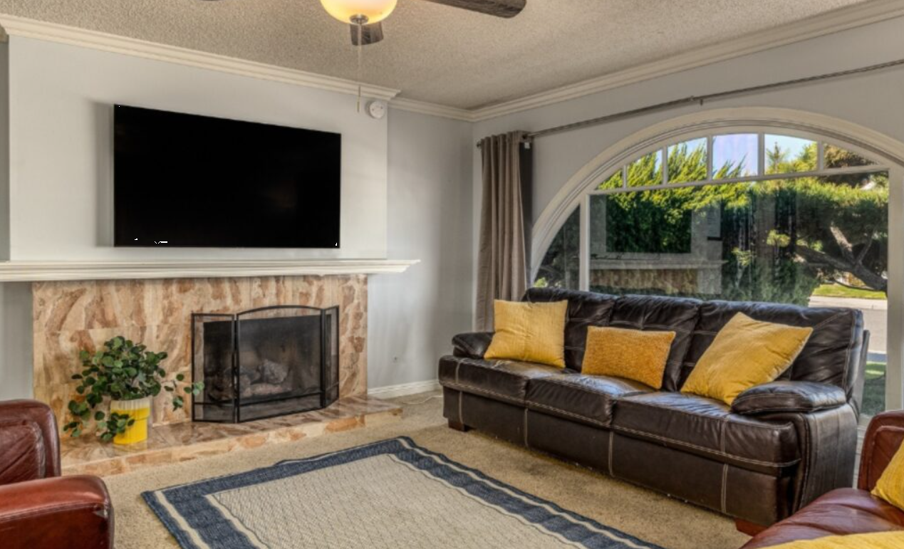 Living room with leather sofa, fireplace, and large window