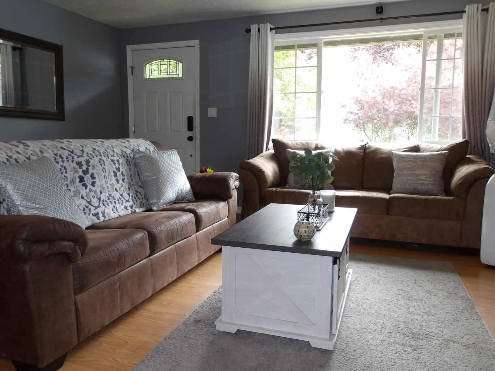 Bright living room with couches and coffee table
