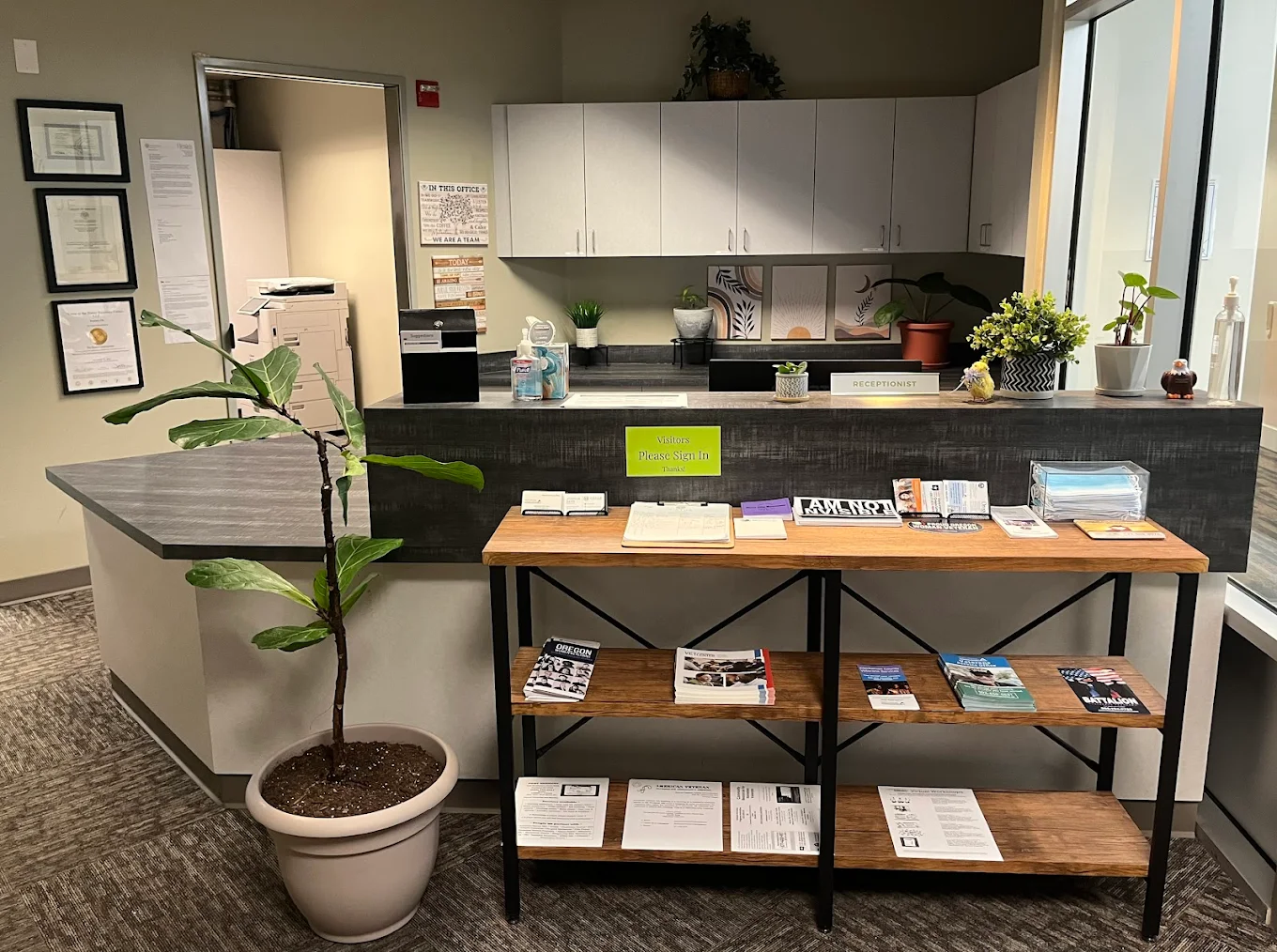 Reception desk and waiting area at outpatient facility