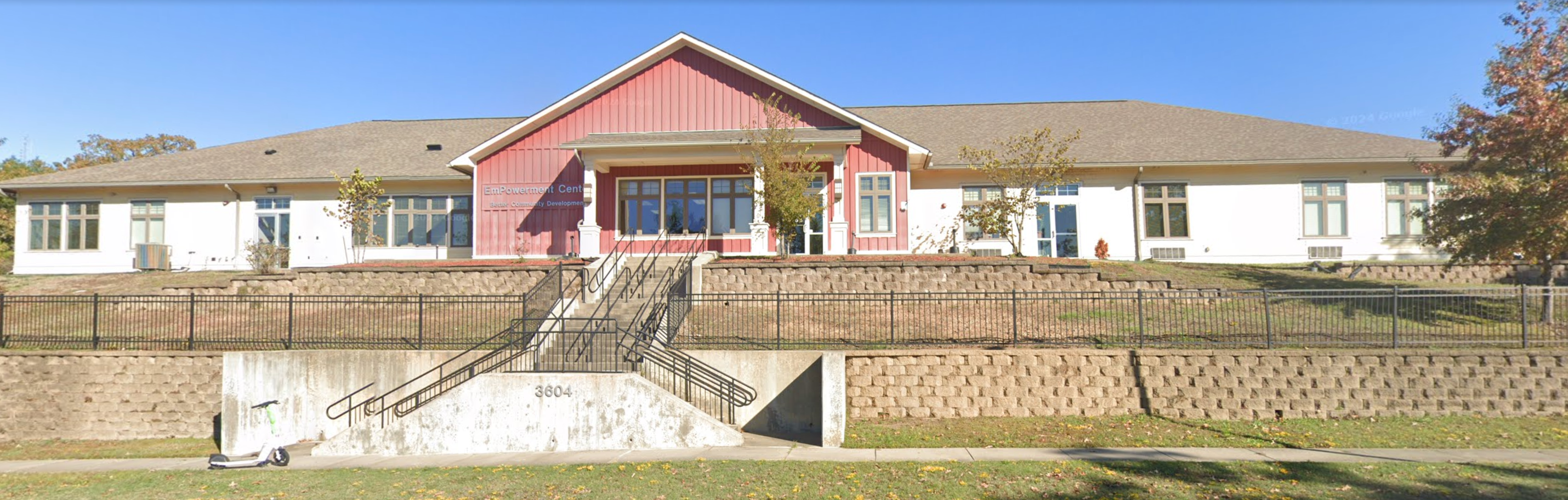 EmPowerment Center showing its symmetrical design and surrounding landscape.