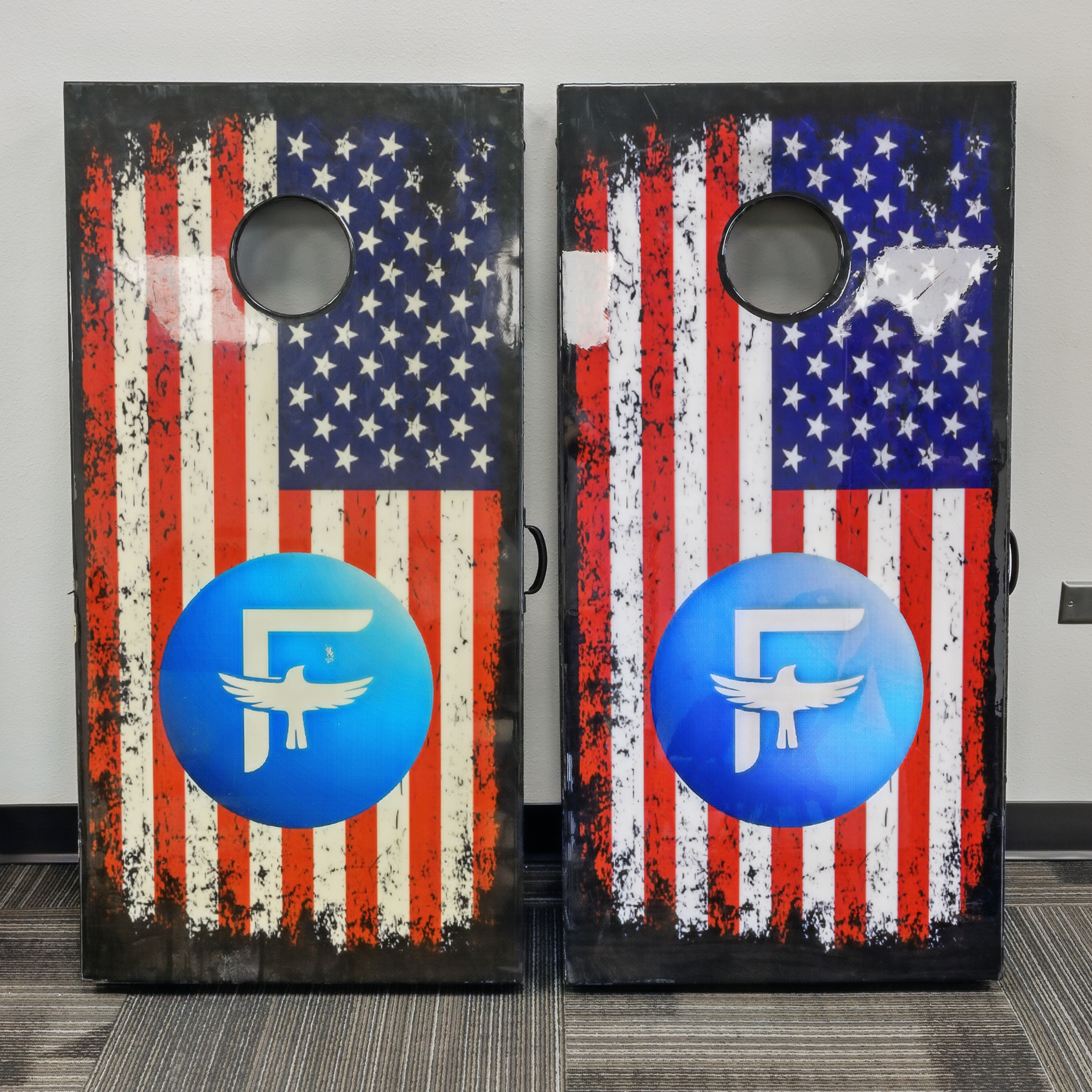 American flag cornhole boards with blue FR logo decals