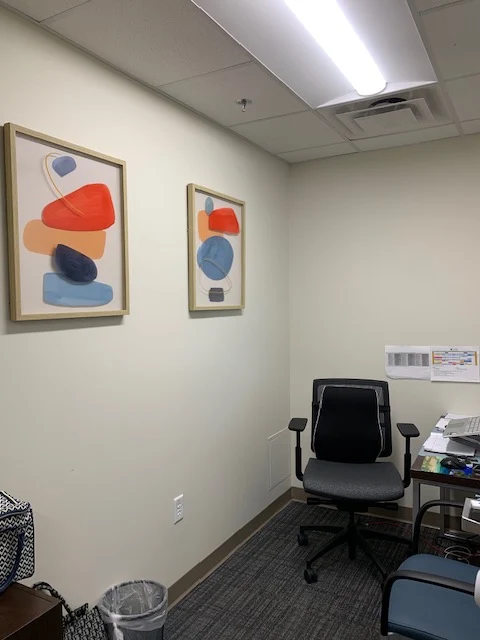 Private consultation room with chairs and abstract artwork