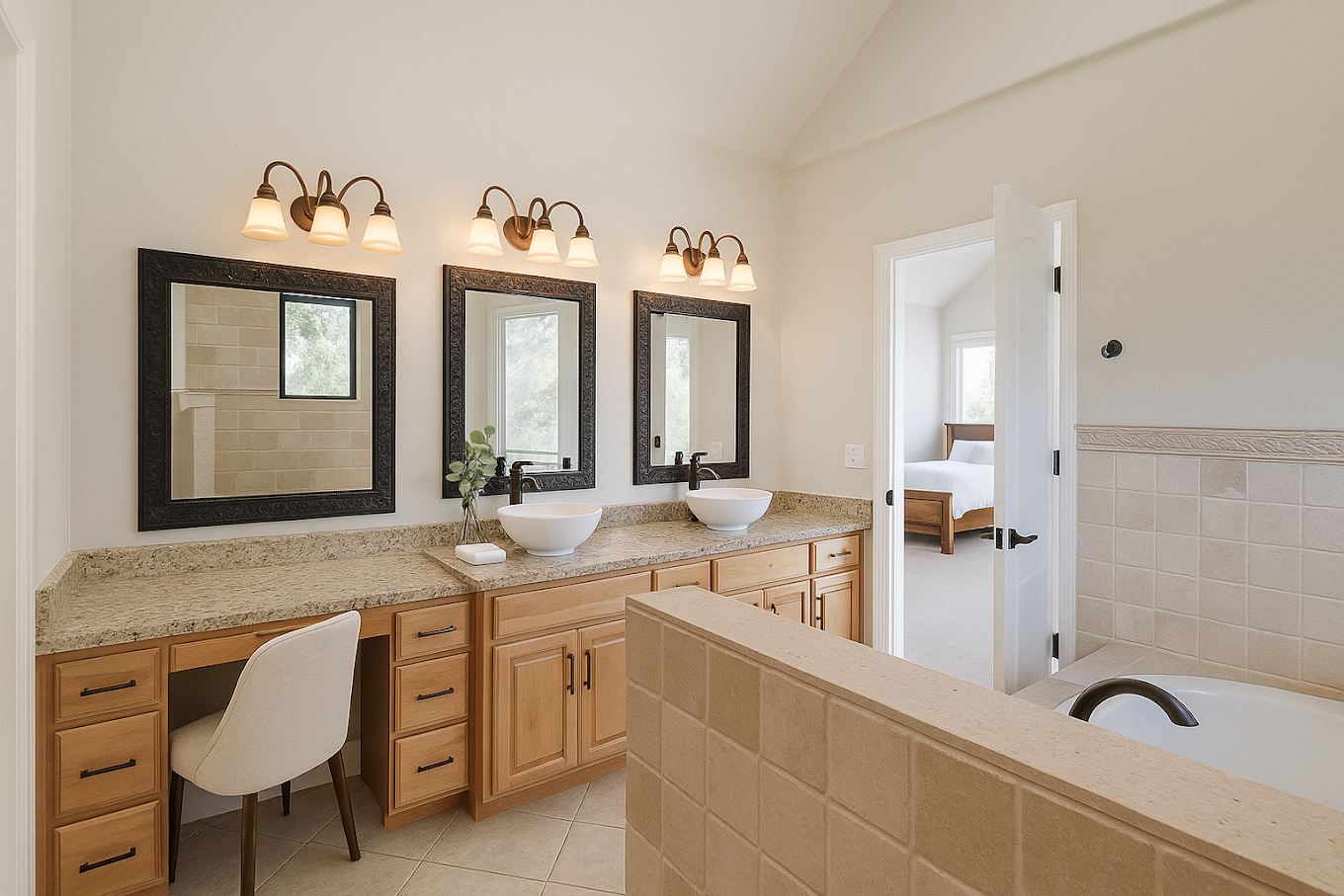 Ensuite bathroom with dual sinks and tiled shower