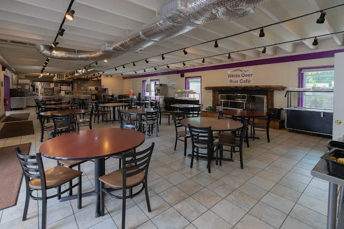 Café-style dining room with round tables and open layout